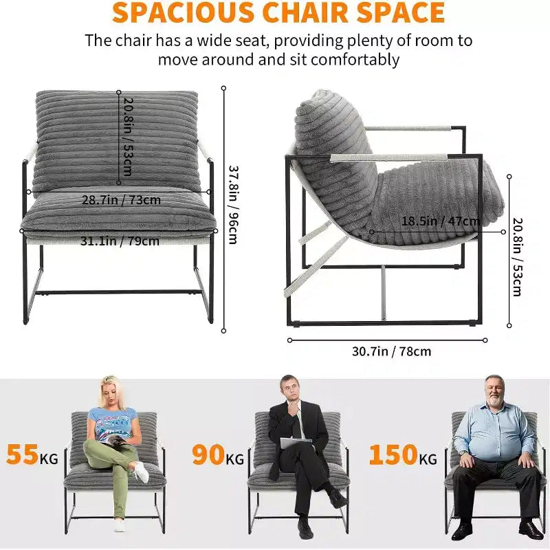 Fauteuil basculant de salon, lot de 2, cadre en métal avec accoudoirs, coussin en mousse déchiquetée, chaise longue surdimensionnée pour chambre à coucher, bureau, gris clair