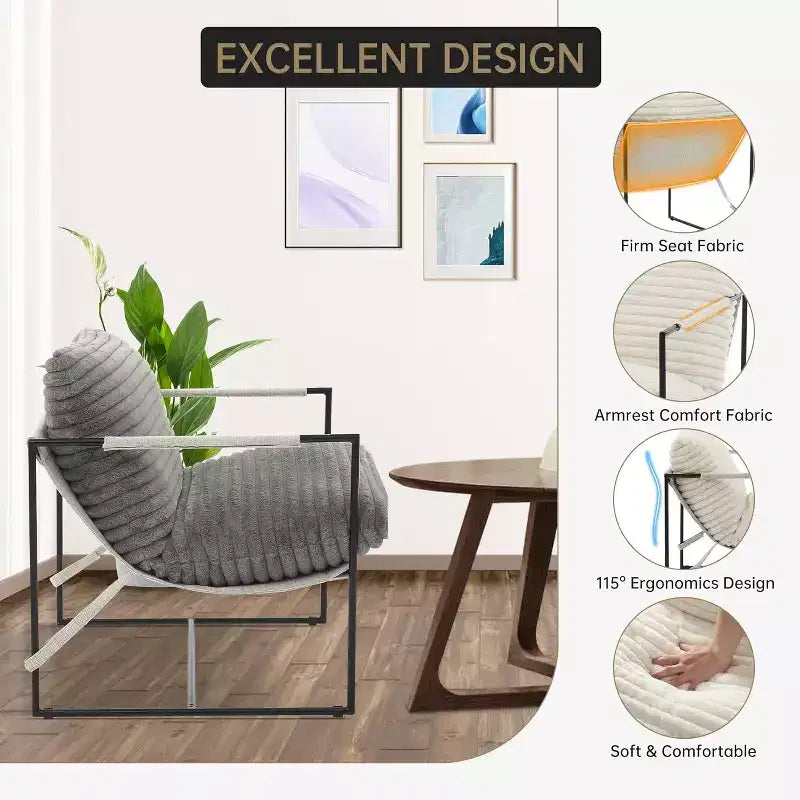 Fauteuil basculant de salon, lot de 2, cadre en métal avec accoudoirs, coussin en mousse déchiquetée, chaise longue surdimensionnée pour chambre à coucher, bureau, gris clair