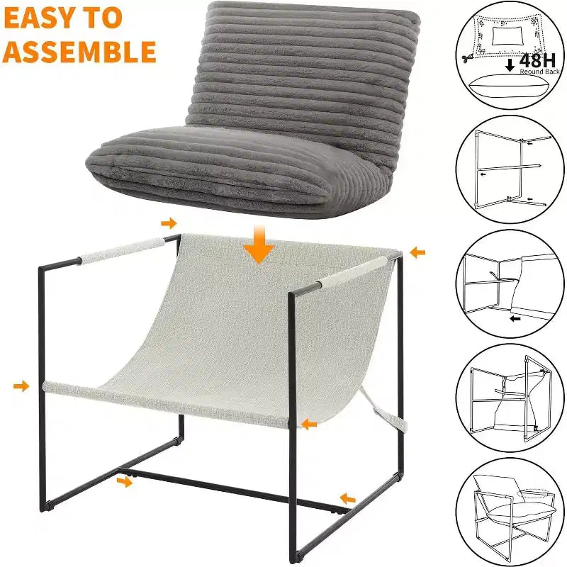 Fauteuil basculant de salon, lot de 2, cadre en métal avec accoudoirs, coussin en mousse déchiquetée, chaise longue surdimensionnée pour chambre à coucher, bureau, gris clair