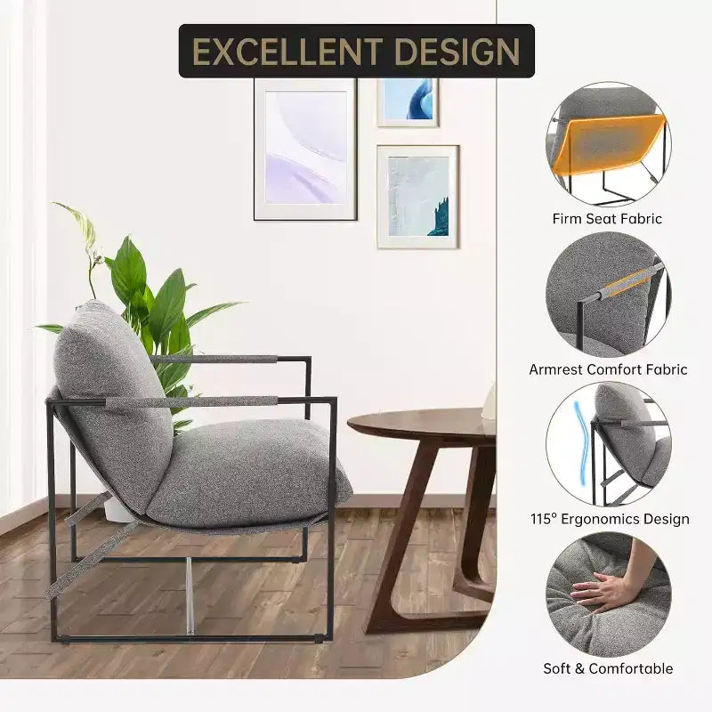 Fauteuil basculant de salon, lot de 2, cadre en métal avec accoudoirs, coussin en mousse déchiquetée, chaise longue surdimensionnée pour chambre à coucher, bureau, gris clair