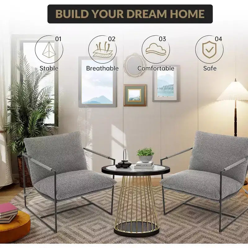 Fauteuil basculant de salon, lot de 2, cadre en métal avec accoudoirs, coussin en mousse déchiquetée, chaise longue surdimensionnée pour chambre à coucher, bureau, gris clair