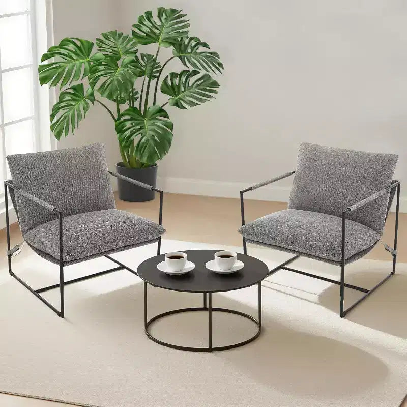 Fauteuil basculant de salon, lot de 2, cadre en métal avec accoudoirs, coussin en mousse déchiquetée, chaise longue surdimensionnée pour chambre à coucher, bureau, gris clair