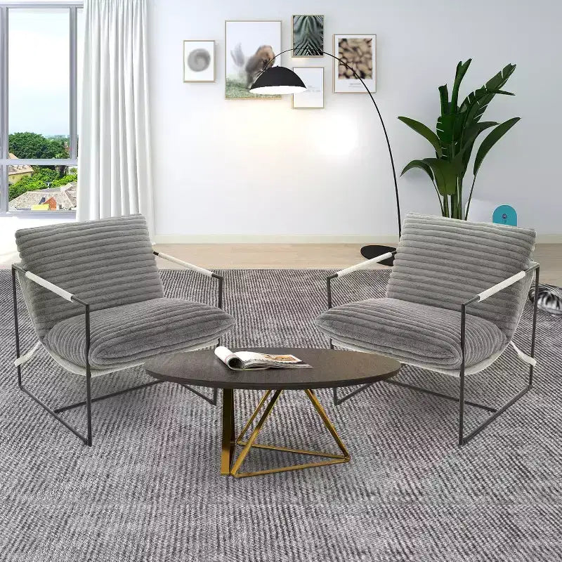 Fauteuil basculant de salon, lot de 2, cadre en métal avec accoudoirs, coussin en mousse déchiquetée, chaise longue surdimensionnée pour chambre à coucher, bureau, gris clair