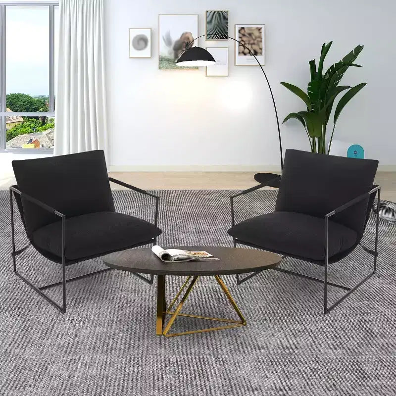 Fauteuil basculant de salon, lot de 2, cadre en métal avec accoudoirs, coussin en mousse déchiquetée, chaise longue surdimensionnée pour chambre à coucher, bureau, gris clair