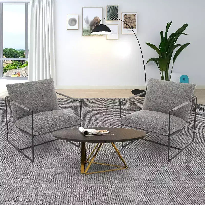 Fauteuil basculant de salon, lot de 2, cadre en métal avec accoudoirs, coussin en mousse déchiquetée, chaise longue surdimensionnée pour chambre à coucher, bureau, gris clair