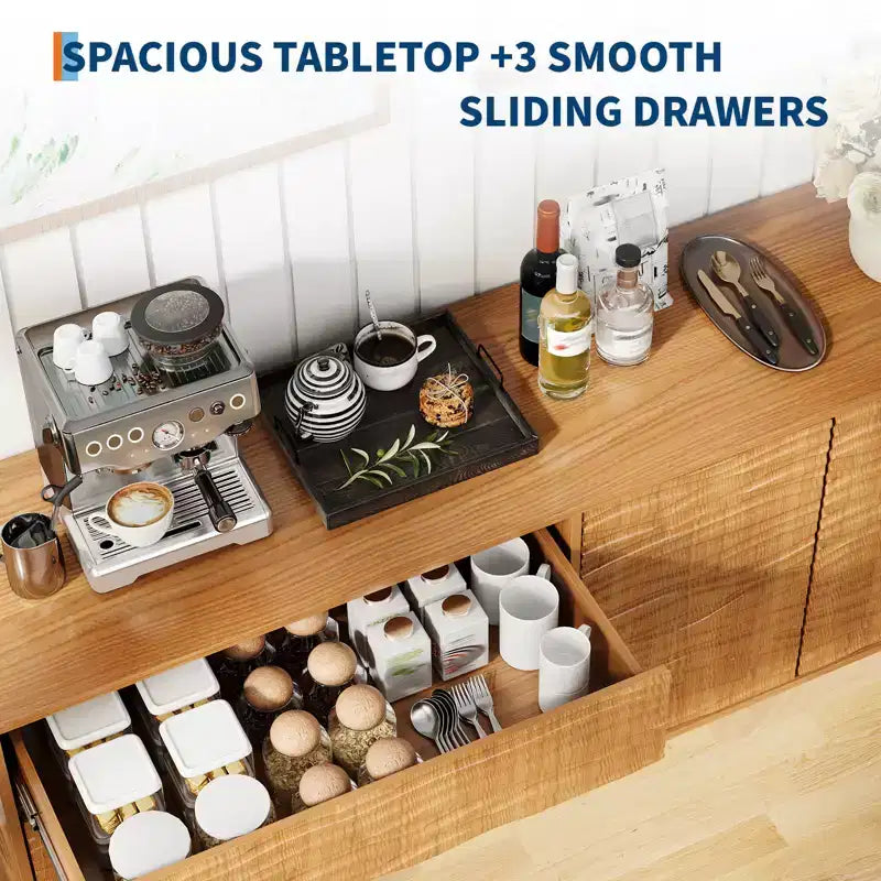 Buffet en teck style Mid-Century Modern de 155 cm, meuble en bois naturel avec 3 tiroirs et 2 portes, motif rainuré ondulé avec étagère réglable