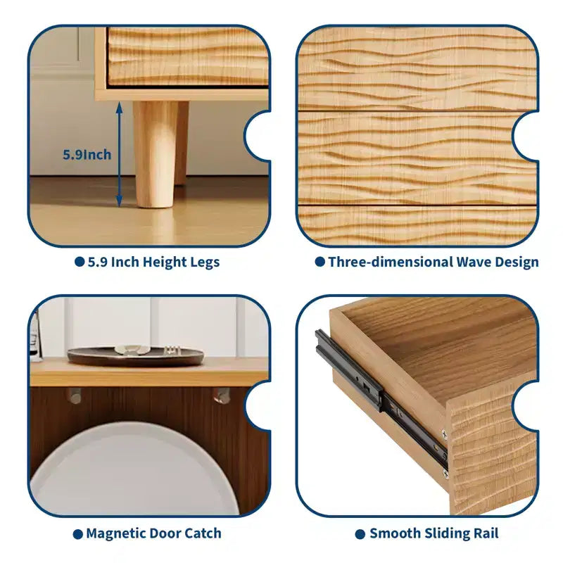 Buffet en teck style Mid-Century Modern de 155 cm, meuble en bois naturel avec 3 tiroirs et 2 portes, motif rainuré ondulé avec étagère réglable