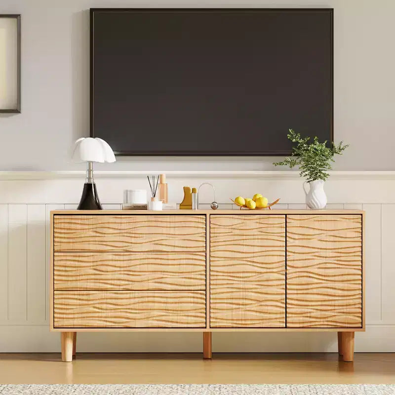 Buffet en teck style Mid-Century Modern de 155 cm, meuble en bois naturel avec 3 tiroirs et 2 portes, motif rainuré ondulé avec étagère réglable