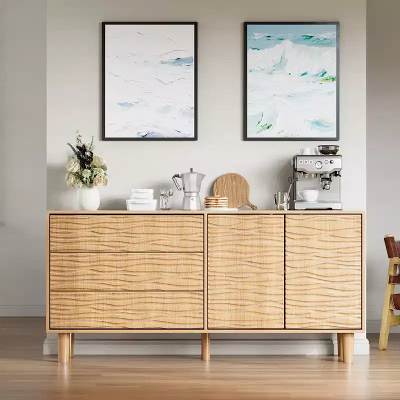 Buffet en teck style Mid-Century Modern de 155 cm, meuble en bois naturel avec 3 tiroirs et 2 portes, motif rainuré ondulé avec étagère réglable