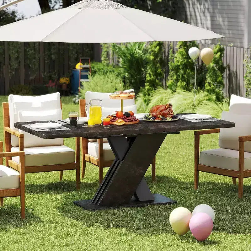 Table de salle à manger extensible, table de cuisine de ferme pour 4 à 8 personnes, table à manger en bois de 140 à 180 cm avec base en X, avec rail métallique pour salle à manger, marbre