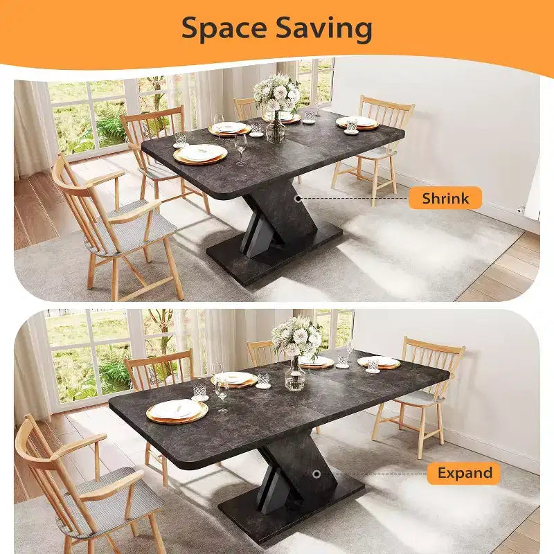 Table de salle à manger extensible, table de cuisine de ferme pour 4 à 8 personnes, table à manger en bois de 140 à 180 cm avec base en X, avec rail métallique pour salle à manger, marbre