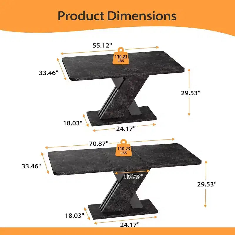 Table de salle à manger extensible, table de cuisine de ferme pour 4 à 8 personnes, table à manger en bois de 140 à 180 cm avec base en X, avec rail métallique pour salle à manger, marbre