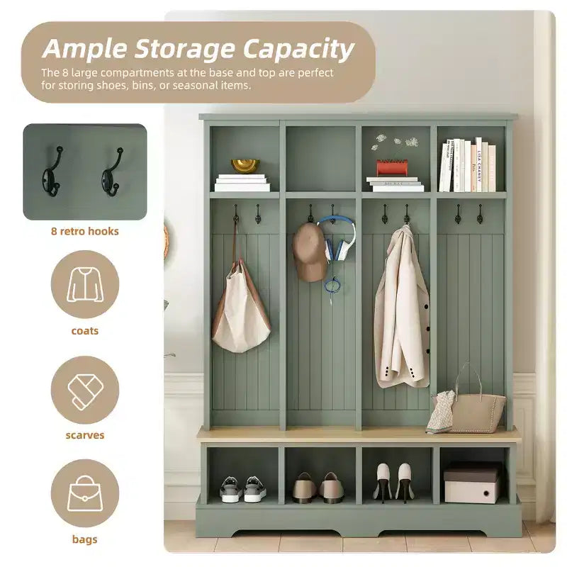 Porte-manteau et banc d'entrée de style ferme avec 8 patères, compartiments ouverts, 3 en 1, en bois