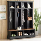Porte-manteau et banc d'entrée de style ferme avec 8 patères, compartiments ouverts, 3 en 1, en bois