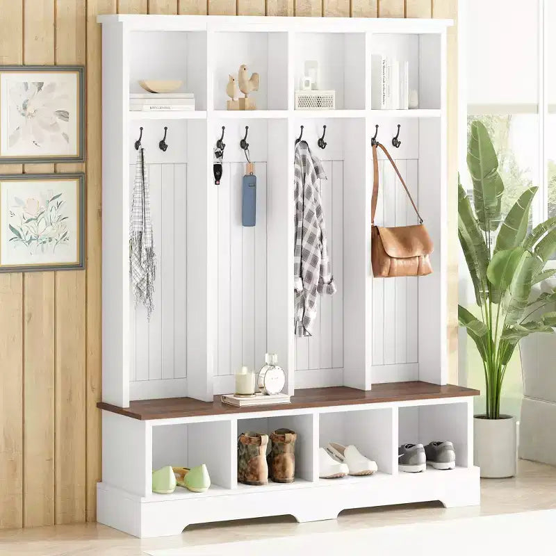 Porte-manteau et banc d'entrée de style ferme avec 8 patères, compartiments ouverts, 3 en 1, en bois