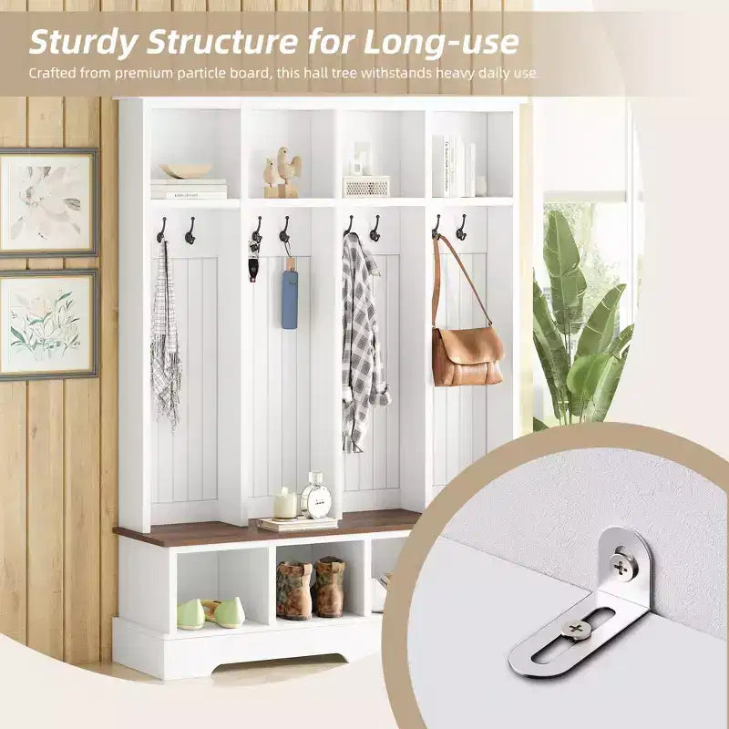Porte-manteau et banc d'entrée de style ferme avec 8 patères, compartiments ouverts, 3 en 1, en bois
