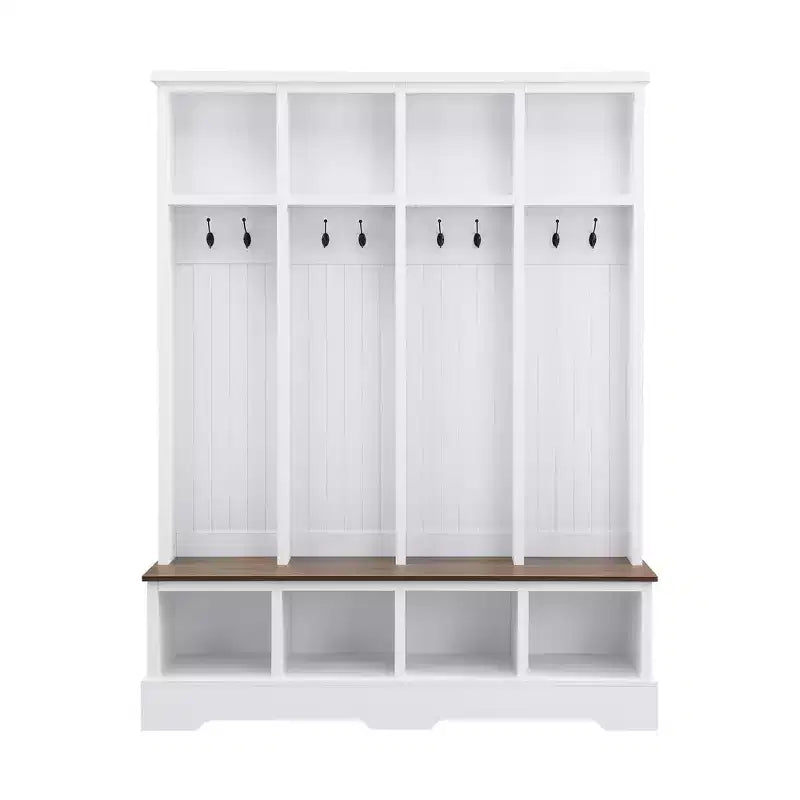 Porte-manteau et banc d'entrée de style ferme avec 8 patères, compartiments ouverts, 3 en 1, en bois