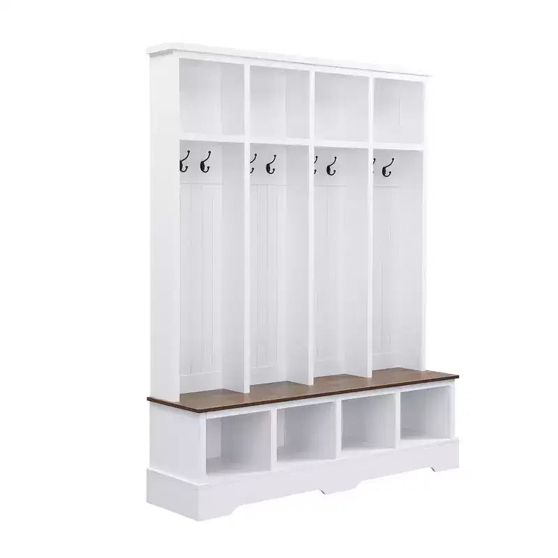Porte-manteau et banc d'entrée de style ferme avec 8 patères, compartiments ouverts, 3 en 1, en bois