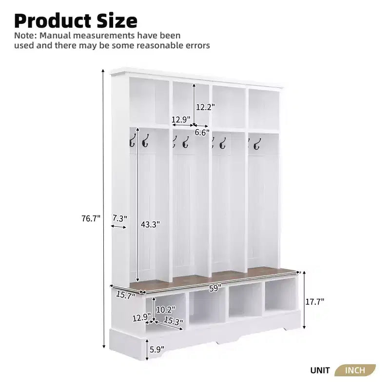 Porte-manteau et banc d'entrée de style ferme avec 8 patères, compartiments ouverts, 3 en 1, en bois