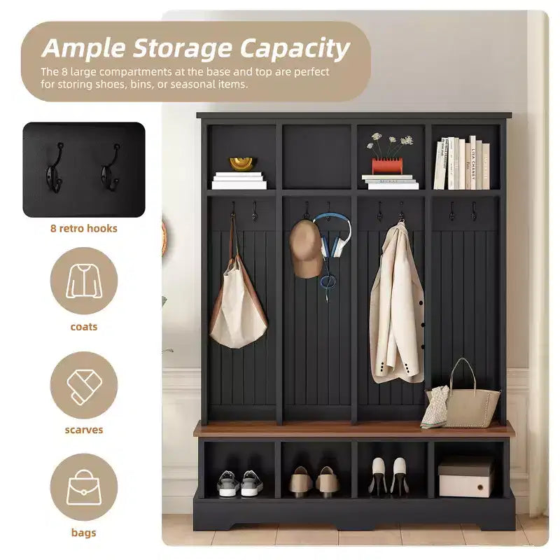 Porte-manteau et banc d'entrée de style ferme avec 8 patères, compartiments ouverts, 3 en 1, en bois