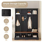 Porte-manteau et banc d'entrée de style ferme avec 8 patères, compartiments ouverts, 3 en 1, en bois