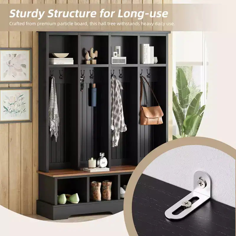 Porte-manteau et banc d'entrée de style ferme avec 8 patères, compartiments ouverts, 3 en 1, en bois