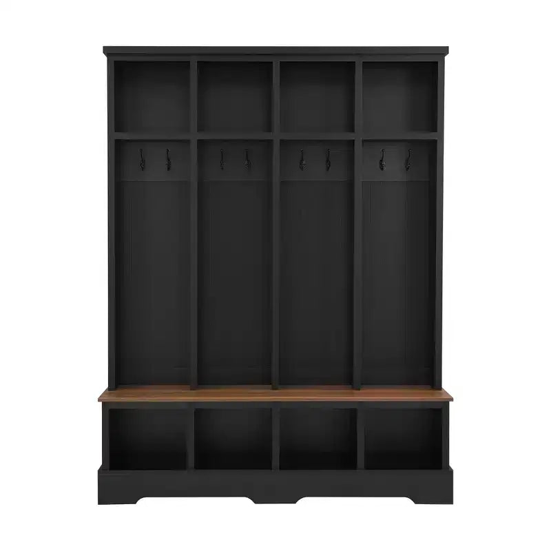 Porte-manteau et banc d'entrée de style ferme avec 8 patères, compartiments ouverts, 3 en 1, en bois
