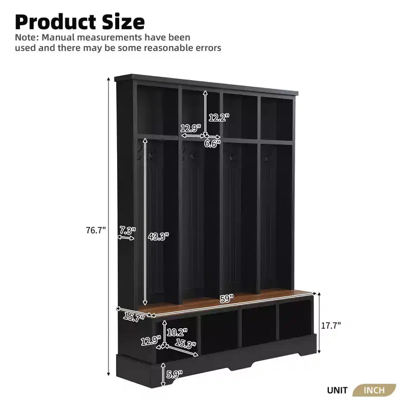 Porte-manteau et banc d'entrée de style ferme avec 8 patères, compartiments ouverts, 3 en 1, en bois