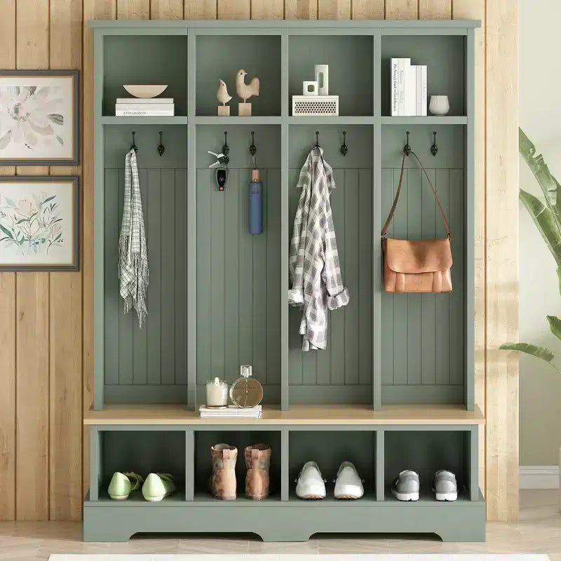 Porte-manteau et banc d'entrée de style ferme avec 8 patères, compartiments ouverts, 3 en 1, en bois