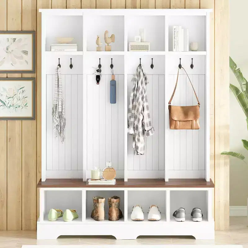 Porte-manteau et banc d'entrée de style ferme avec 8 patères, compartiments ouverts, 3 en 1, en bois
