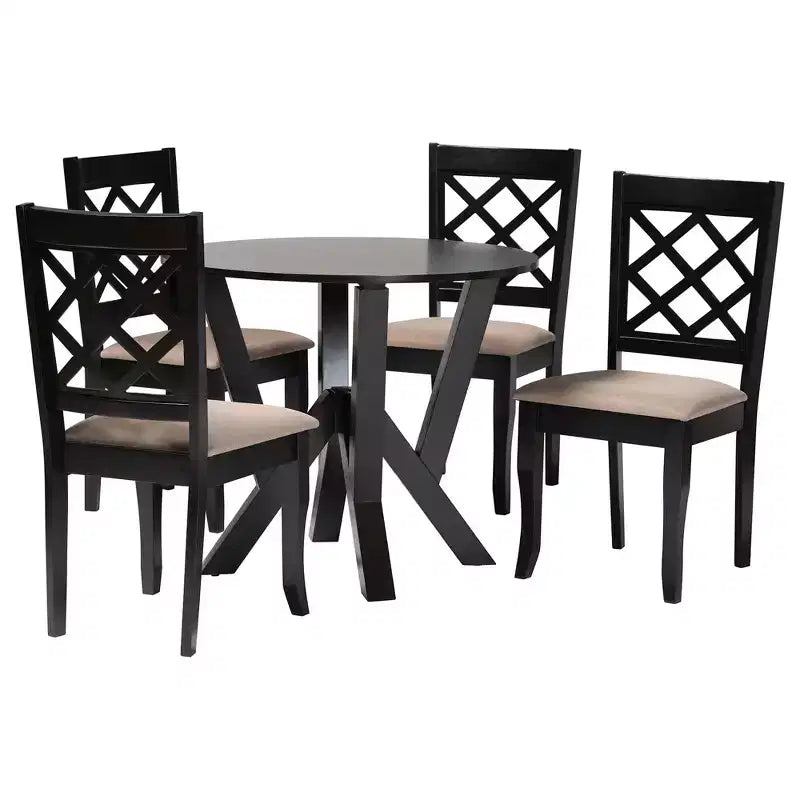 Ensemble de salle à manger 5 pièces Adina en tissu sable moderne et bois brun foncé