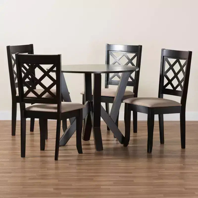 Ensemble de salle à manger 5 pièces Adina en tissu sable moderne et bois brun foncé