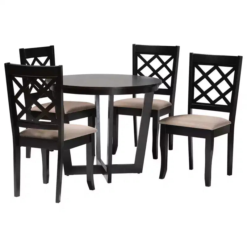 Ensemble de salle à manger 5 pièces Selby en tissu sable moderne et bois marron foncé