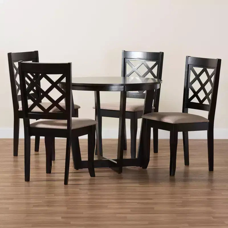 Ensemble de salle à manger 5 pièces Selby en tissu sable moderne et bois marron foncé