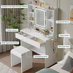 Makeup Vanity Desk with Mirror and Lights, 3 Lighting Modes Adjustable Brightness, Hidden Storage Shelves, Padded Stool, for Bedroom