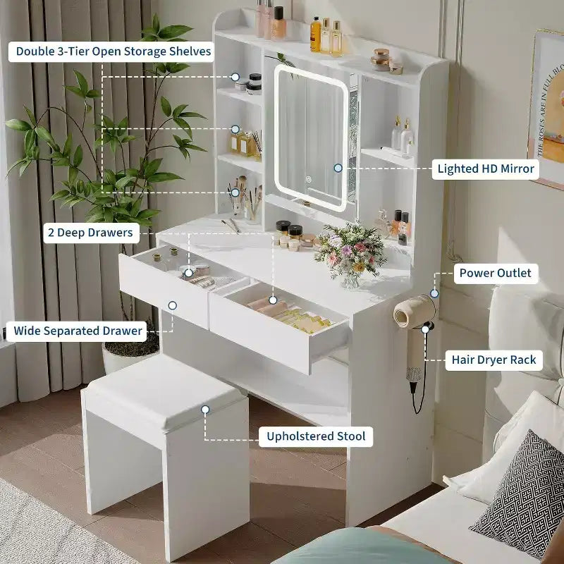 Makeup Vanity Desk with Mirror and Lights, 3 Lighting Modes Adjustable Brightness, Hidden Storage Shelves, Padded Stool, for Bedroom