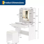 Makeup Vanity Desk with Mirror and Lights, 3 Lighting Modes Adjustable Brightness, Hidden Storage Shelves, Padded Stool, for Bedroom