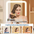 Makeup Vanity Desk with Mirror and Lights, 3 Lighting Modes Adjustable Brightness, Hidden Storage Shelves, Padded Stool, for Bedroom
