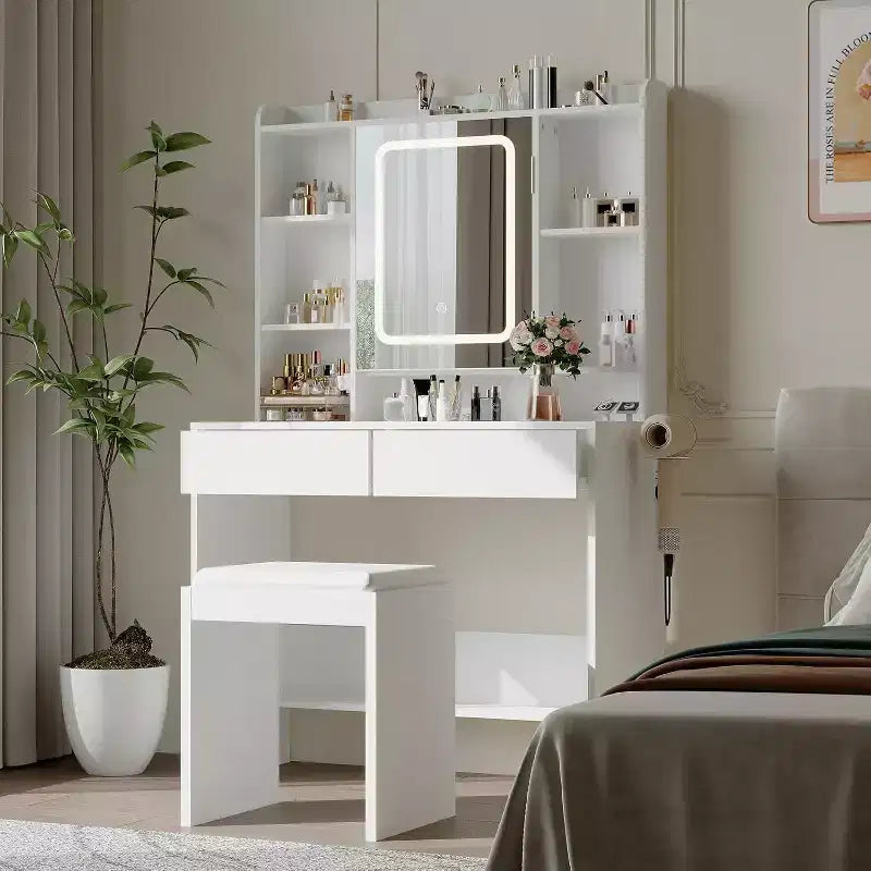 Makeup Vanity Desk with Mirror and Lights, 3 Lighting Modes Adjustable Brightness, Hidden Storage Shelves, Padded Stool, for Bedroom