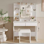 Makeup Vanity Desk with Mirror and Lights, 3 Lighting Modes Adjustable Brightness, Hidden Storage Shelves, Padded Stool, for Bedroom