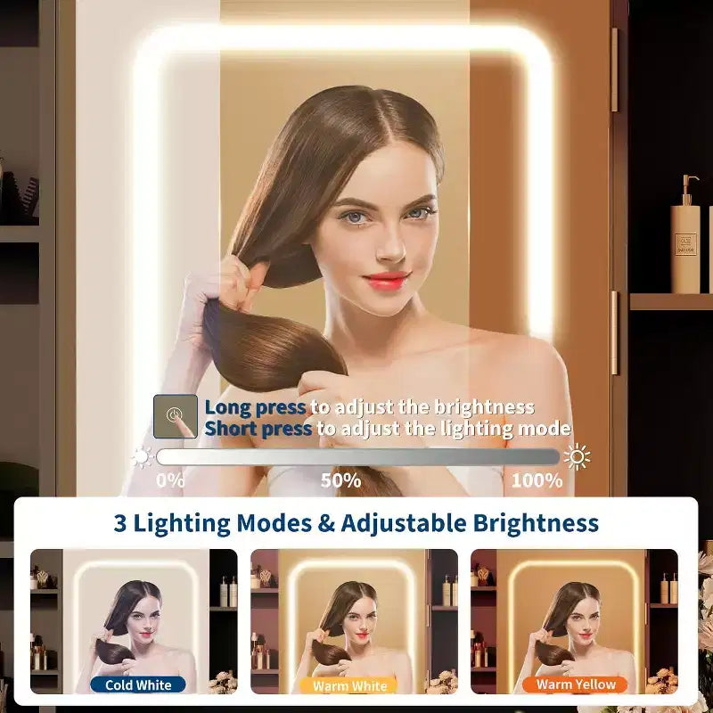 Makeup Vanity Desk with Mirror and Lights, 3 Lighting Modes Adjustable Brightness, Hidden Storage Shelves, Padded Stool, for Bedroom