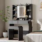 Makeup Vanity Desk with Mirror and Lights, 3 Lighting Modes Adjustable Brightness, Hidden Storage Shelves, Padded Stool, for Bedroom