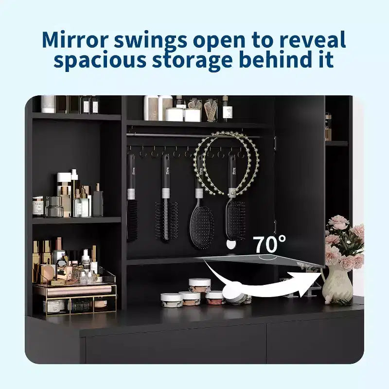 Makeup Vanity Desk with Mirror and Lights, 3 Lighting Modes Adjustable Brightness, Hidden Storage Shelves, Padded Stool, for Bedroom