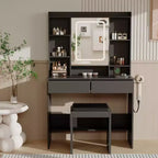Makeup Vanity Desk with Mirror and Lights, 3 Lighting Modes Adjustable Brightness, Hidden Storage Shelves, Padded Stool, for Bedroom