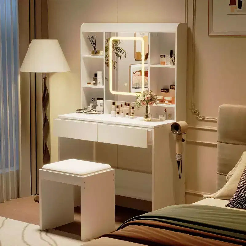 Coiffeuse avec miroir et lumières, 3 modes d'éclairage à luminosité réglable, étagères de rangement dissimulées, tabouret rembourré, pour chambre à coucher