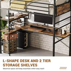 Twin Metal Loft Bed with Desk and Shelves for Teens Adult, Loft Bed Frame with Built-in Ladders, Space-Saving, Safety Guard & Ladder, Noise Free