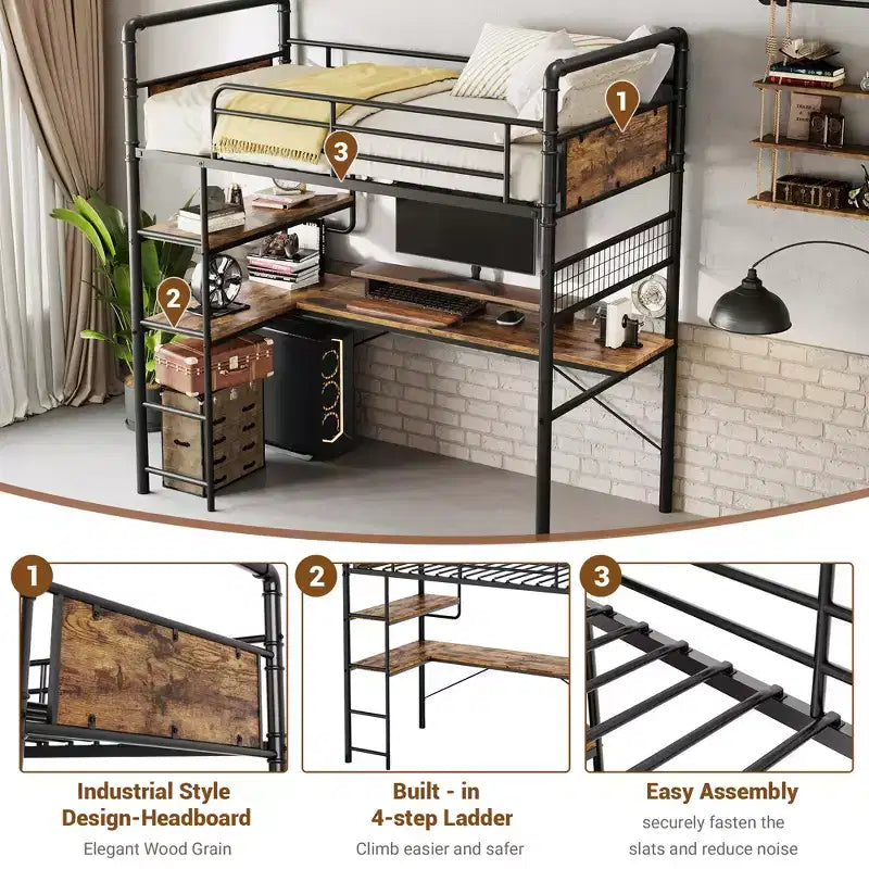 Twin Metal Loft Bed with Desk and Shelves for Teens Adult, Loft Bed Frame with Built-in Ladders, Space-Saving, Safety Guard & Ladder, Noise Free