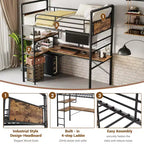 Twin Metal Loft Bed with Desk and Shelves for Teens Adult, Loft Bed Frame with Built-in Ladders, Space-Saving, Safety Guard & Ladder, Noise Free