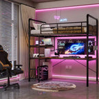 Twin Metal Loft Bed with Desk and Shelves for Teens Adult, Loft Bed Frame with Built-in Ladders, Space-Saving, Safety Guard & Ladder, Noise Free