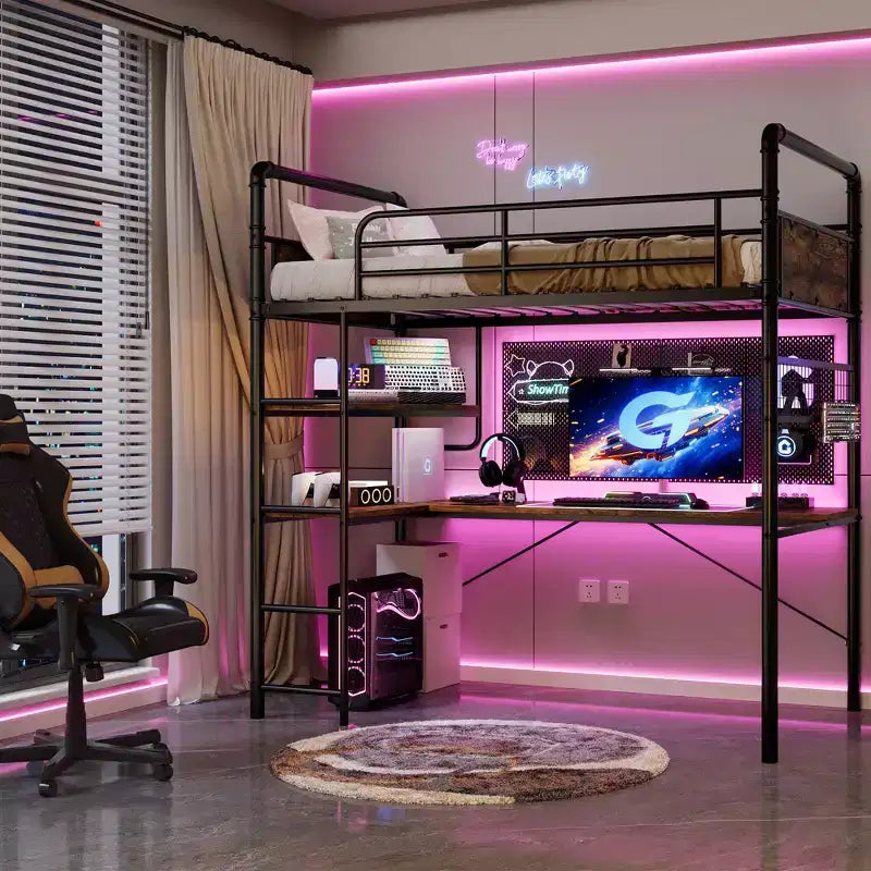 Twin Metal Loft Bed with Desk and Shelves for Teens Adult, Loft Bed Frame with Built-in Ladders, Space-Saving, Safety Guard & Ladder, Noise Free